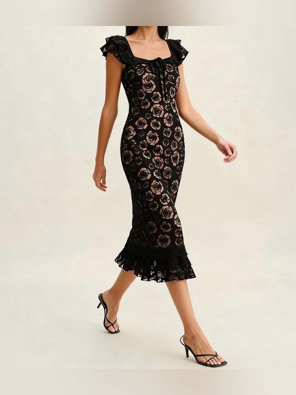 RIHOAS Black Floral Lace midi Dress large NWT Ruffles BodyCon cocktail party - Picture 3 of 16